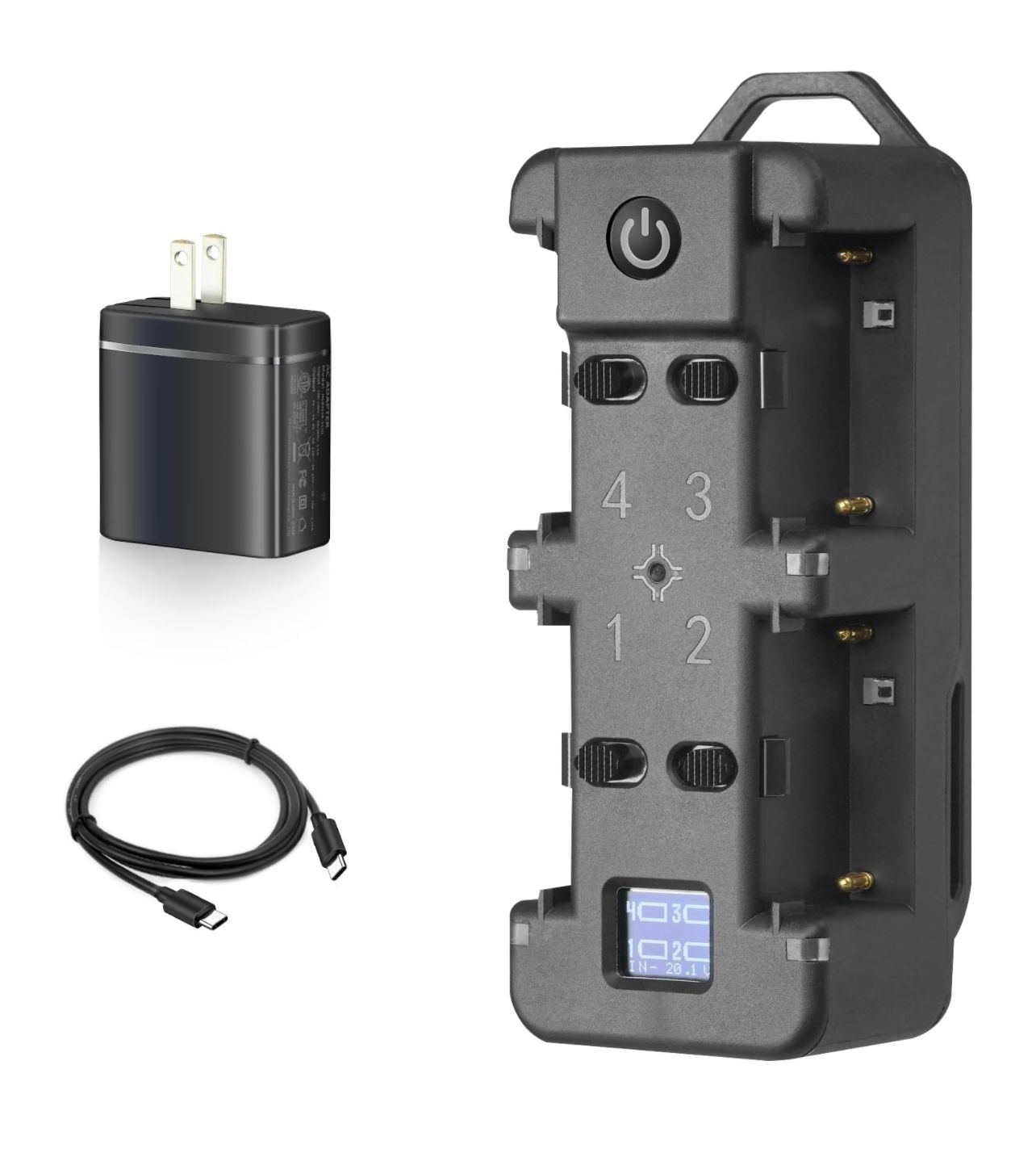 WELLMAKING Cargador rápido de batería NP-F de 4 canales con pantalla LCD, enchufe de alimentación PD de 65 W, luz indicadora de carga y cable USB-C
