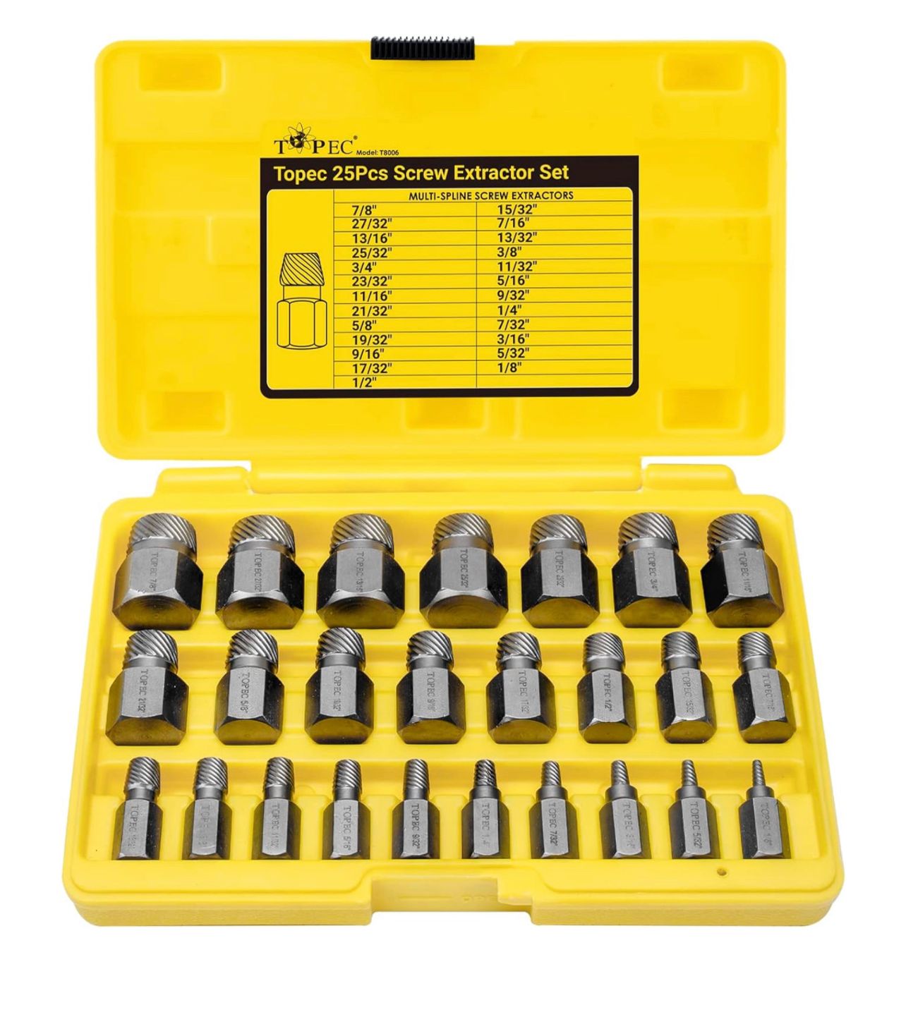 Topec Juego de extractores de tornillos de 25 piezas, juego de extractores de pernos de cabeza hexagonal con múltiples ranuras y fácil de sacar