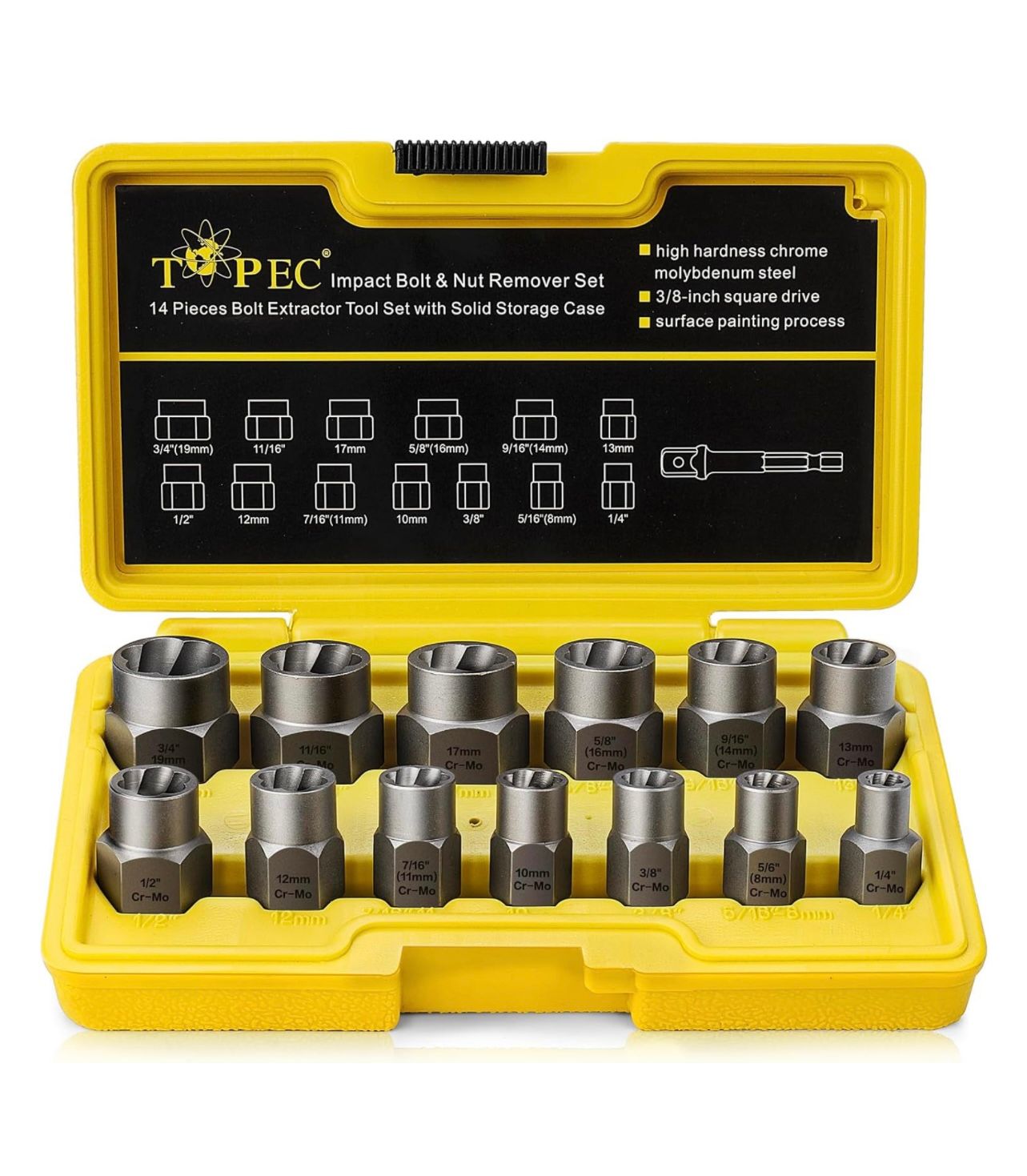 Topec Juego de removedor de tuercas y pernos de impacto de 13 + 1 pieza - Unidad de 3/8&quot; con vaso extractor de tuercas, adaptador hexagonal y herramienta para quitar pernos