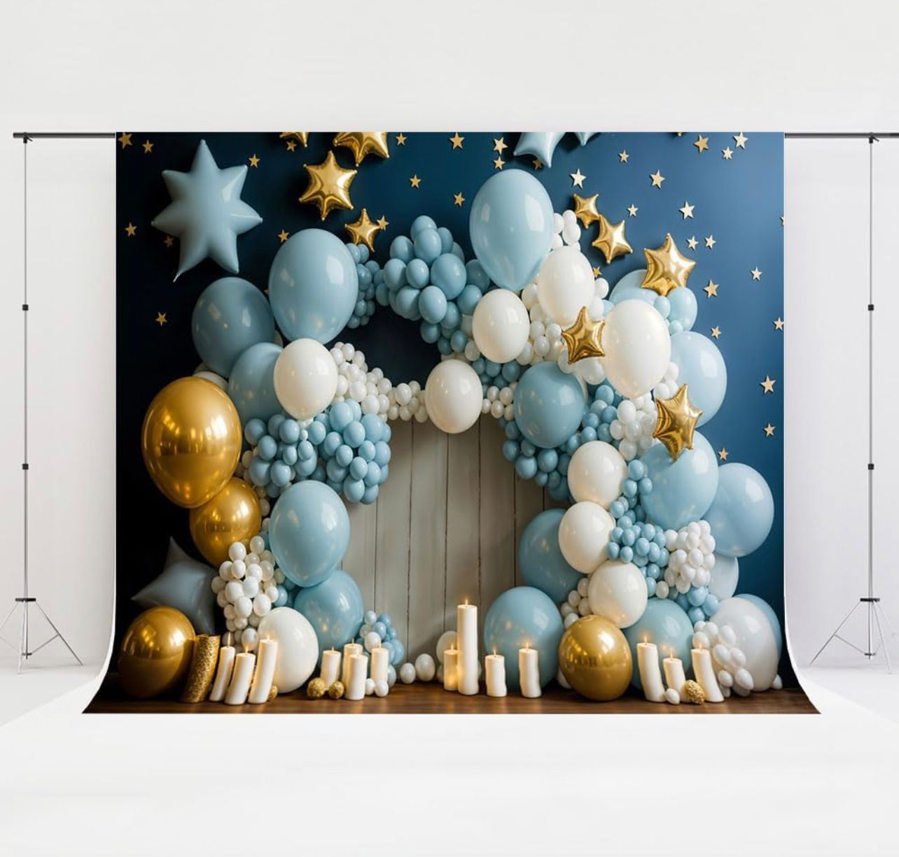 Fondo de globos azules Kate, estrellas, pared de madera, decoración para fiesta de cumpleaños, boda, fondo para fotografía, 7x5 pies