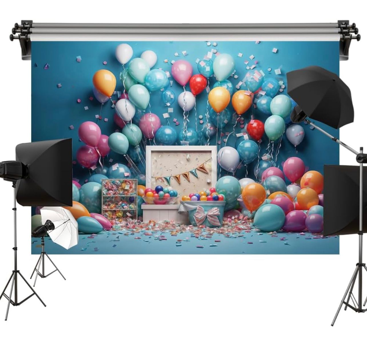 Fondo de fiesta de cumpleaños azul Kate, globos coloridos, decoración, fondos de fotografía, 7x5 pies