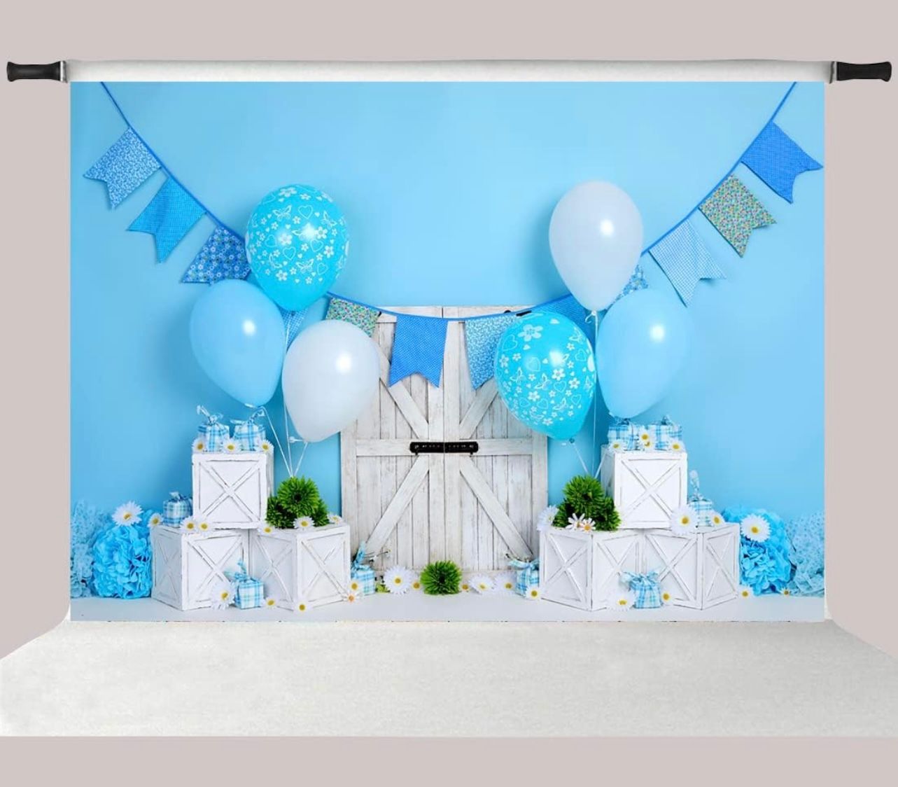 Kate Fondo de pancarta de fiesta de feliz cumpleaños de 7 x 5 pies para fotografía Fondo de globos azules y blancos