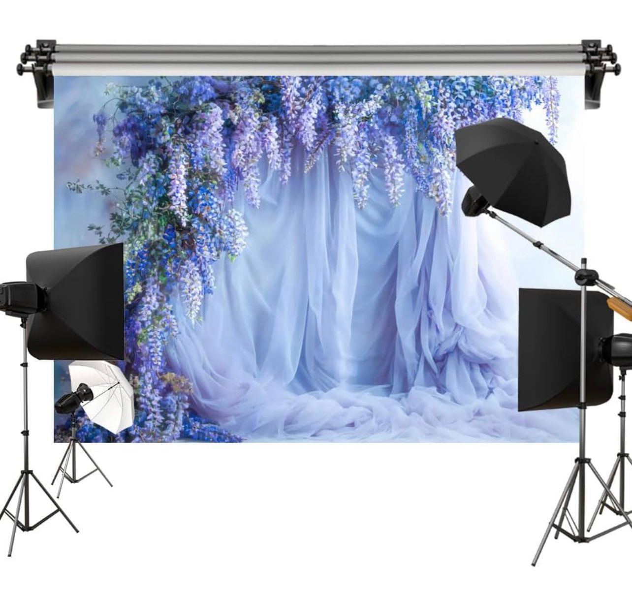 Kate Fondo de cortina azul con flores de primavera, decoración floral para cumpleaños, boda, fotografía, fondo de 7x5 pies