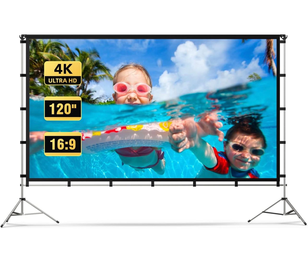 Pantalla de proyector para exteriores, pantalla de proyector portátil Vamvo con soporte de aleación de aluminio, pantalla de proyector plegable de 120 pulgadas, pantalla de cine para interiores de 10