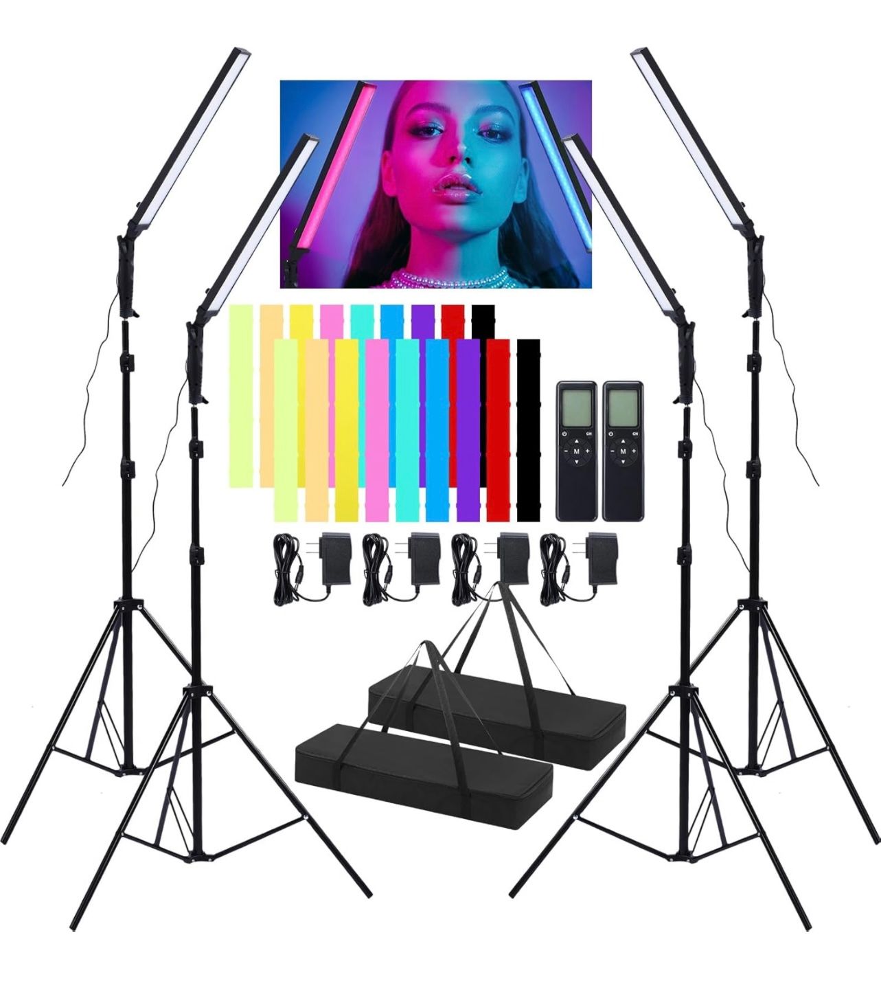 Paquete de 4 varitas de iluminación de vídeo Led bicolor, luces de fotografía ajustables con trípode, 9 filtros de color 3200K-5500K