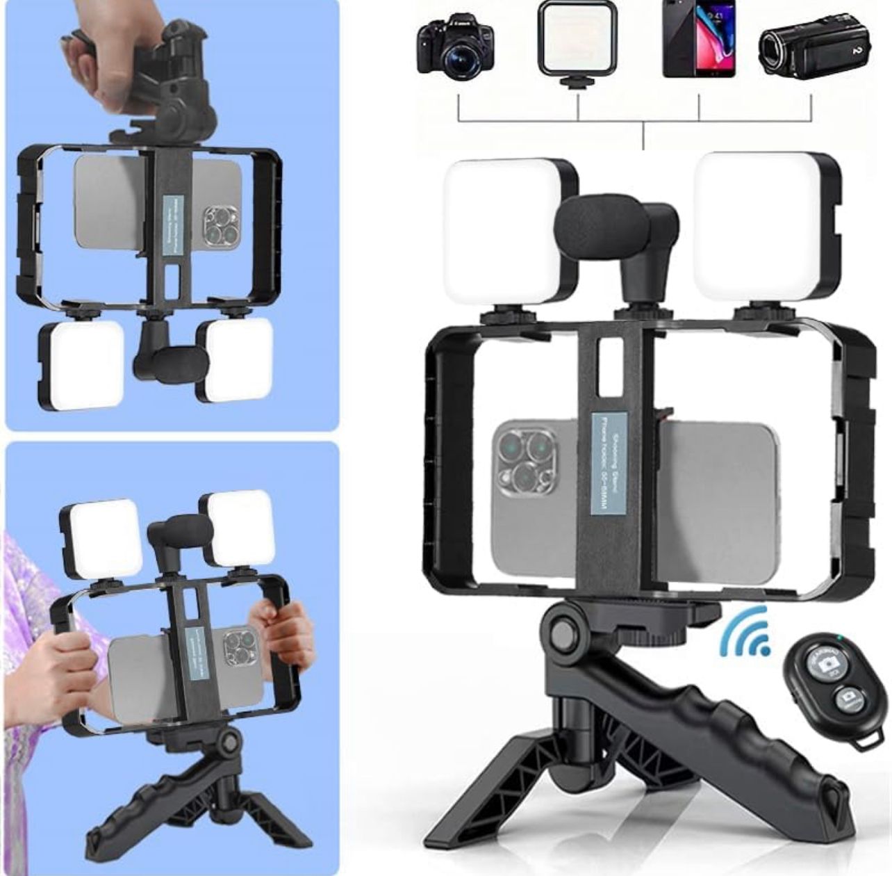 Kit de soporte de vídeo Modular para iPhone, smartphones, cámaras de acción, Kit completo de Control remoto/trípode/micrófono/2 luces LED