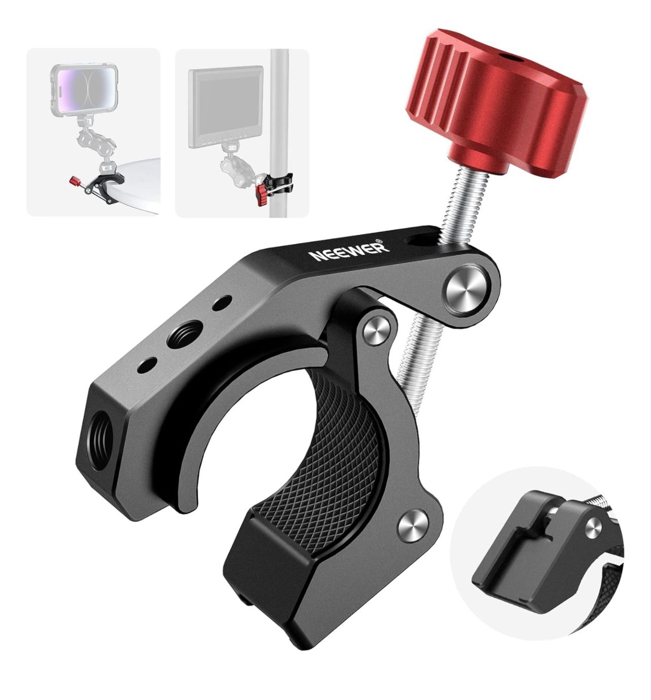 NEEWER Super abrazadera con zapata fría y orificios roscados de 1/4&quot; 3/8&quot;, carga máxima 4,4 lb/2 kg, soporte de abrazadera para cámara en forma de cangrejo