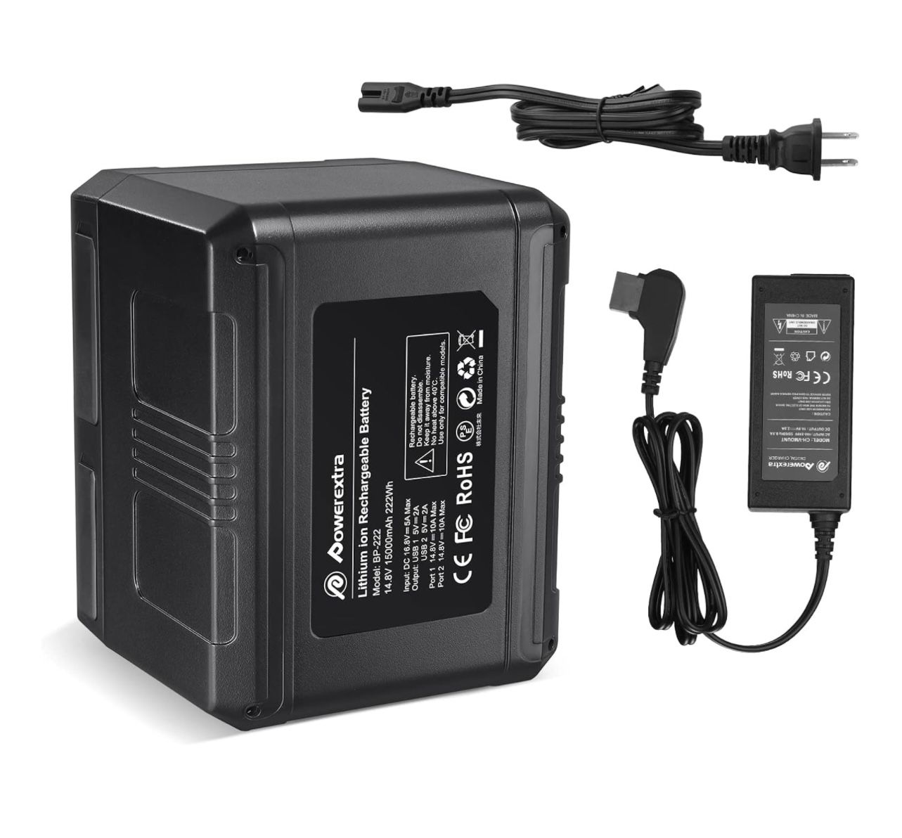 Batería Powerextra V Mount V Lock - Batería recargable de 222 Wh, 14,8 V, 15000 mAh con cargador D-tap y cable para videocámara de transmisión