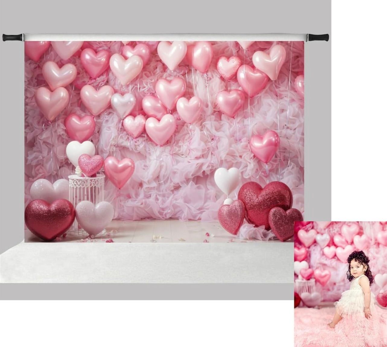 Fondo fotográfico Kate de 7x5 pies, color rosa, para , suelo de madera blanco, globos de corazón rosa, decoración, fondo fotográfico
