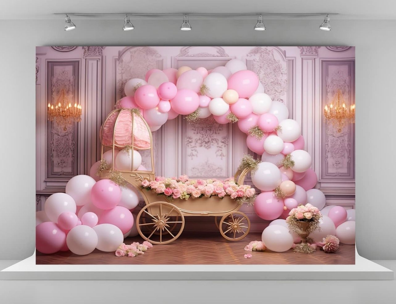 Kate - Fondo para fotografía de fiesta de primer cumpleaños, 7 x 5 pies, globos coloridos, moisés para bebé, flores rosas