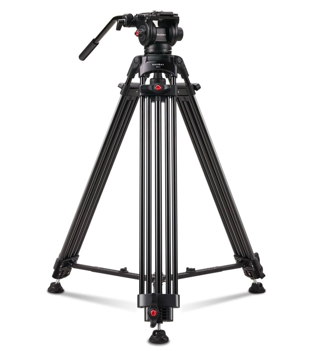 RAUBAY Trípode profesional para cámara de vídeo resistente de 70,8 pulgadas con cabezal fluido, placa QR para videocámara DSLR, carga máxima de 17,6 libras, pata de tubo doble de aluminio con esparcid