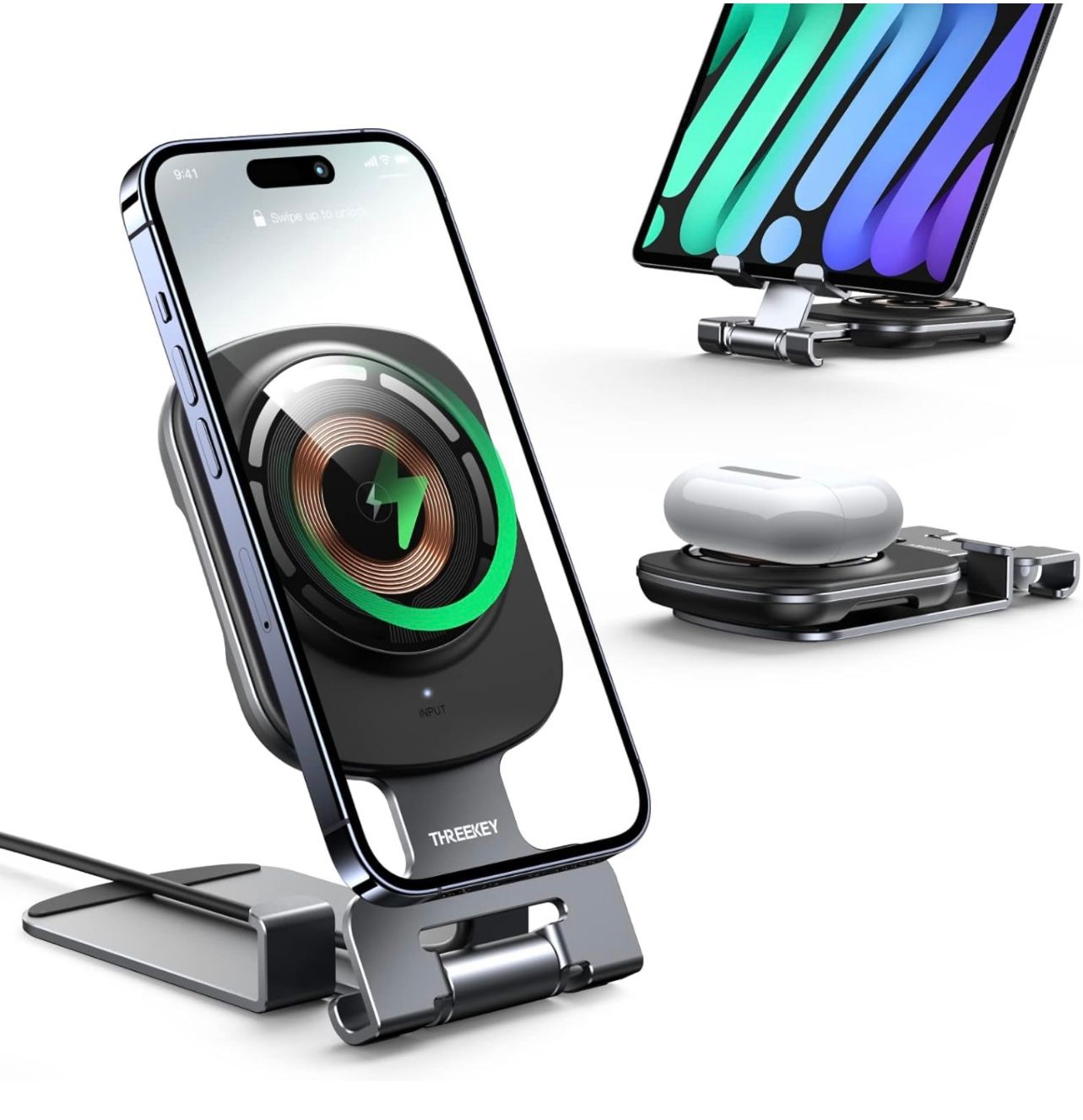 Cargador inalámbrico magnético para iPhone, 2 en 1, plegable y ajustable, 15 W, cargador rápido y seguro para iPhone