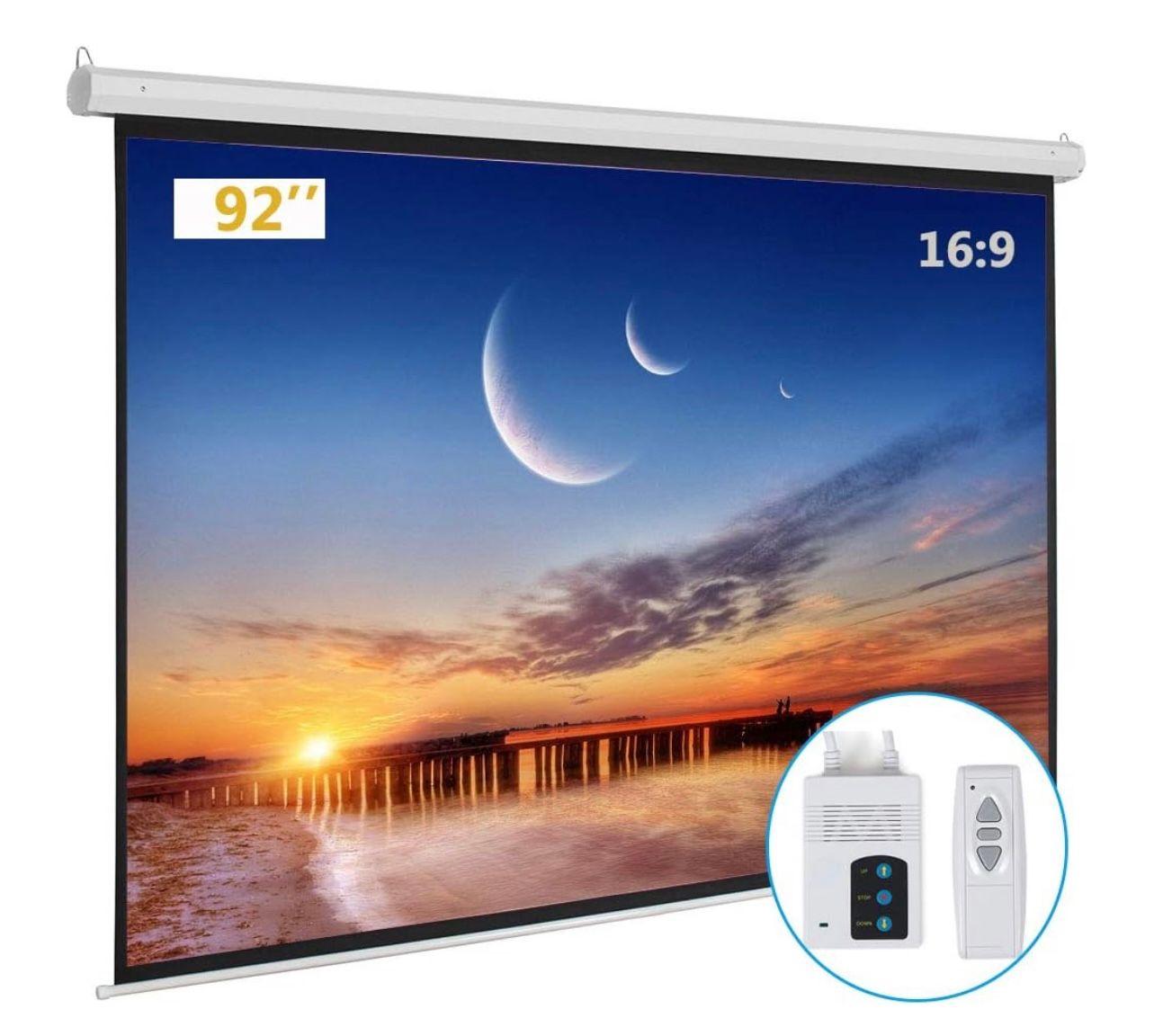 Pantalla de proyector motorizada con control remoto, sin arrugas, sin abolladuras, pantalla HD, para cine en casa, oficina, aula, uso de TV (92 pulgadas 16:9)
