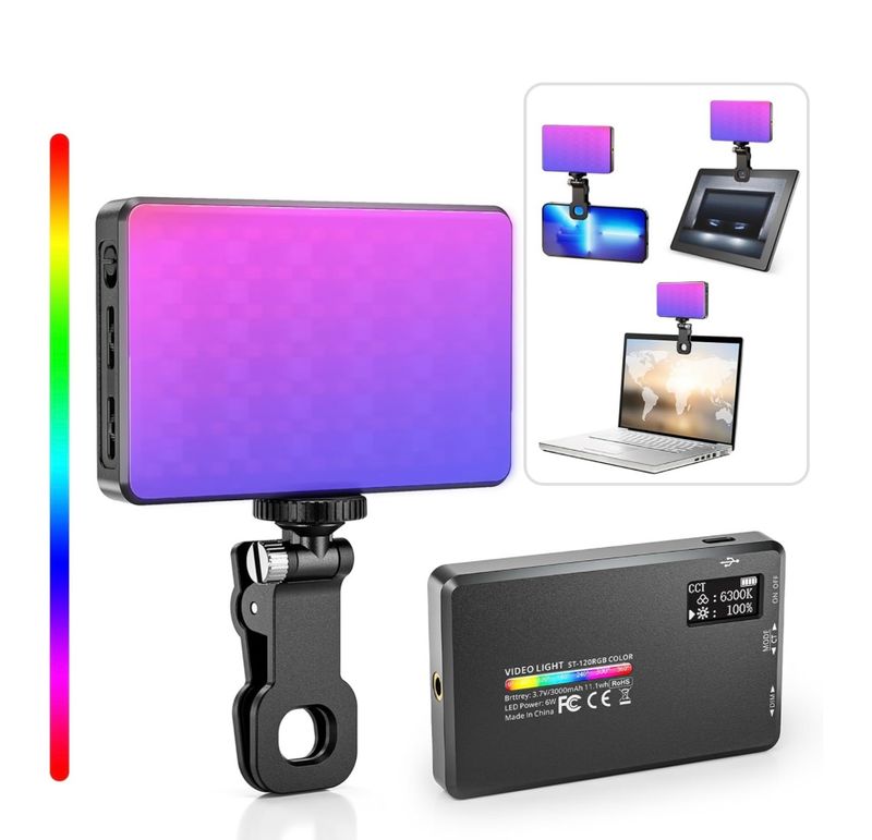 Luz de video RGB Selfie Light, luz selfie recargable con clip, luz de video LED de bolsillo, 2500K-9000K regulable