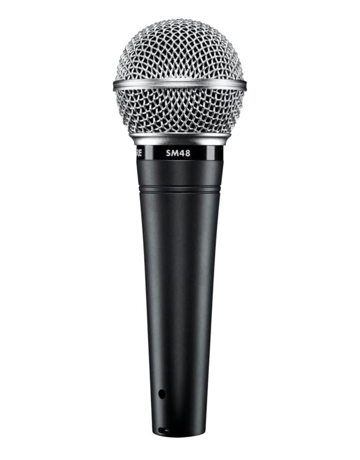 Micrófono vocal dinámico cardioide Shure SM48 con cápsula antivibración, rejilla de malla de acero y filtro antipop integrado, clip de micrófono A25D, bolsa de almacenamiento, conector XLR de 3 pines
