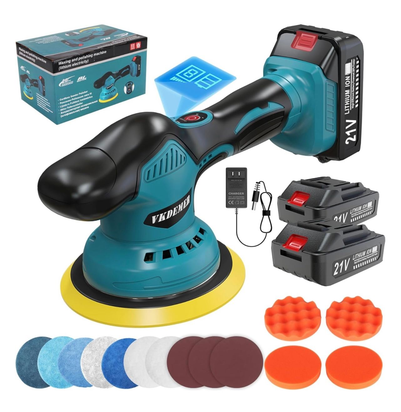 Pulidora de coche inalámbrica, kit de pulidora mini de 6 pulgadas con 2 baterías recargables de 21 V, pulidora orbital de 6 velocidades variables de 5500 RPM