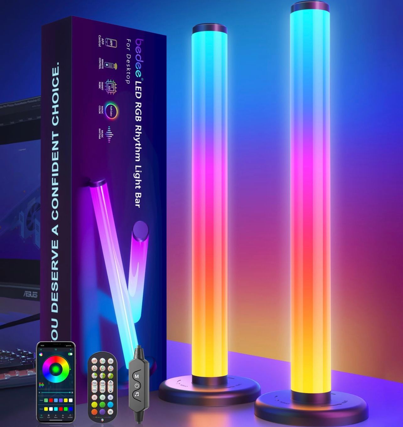 Barra de luz LED, iluminación ambiental de 360° con cambio de color, sincronización de música, múltiples modos de luz, control por Bluetooth
