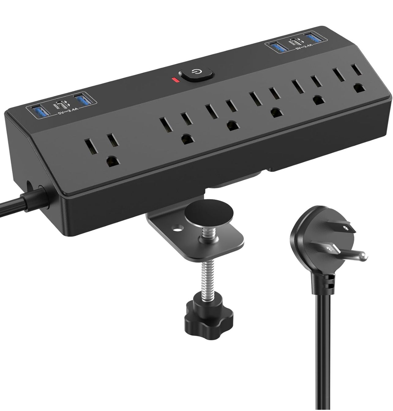 Regleta de enchufes con abrazadera de escritorio y estación de carga rápida de 40 W, protector de sobretensiones con abrazadera de escritorio extraíble, 2 puertos USB-C, 6 tomas de CA y cable de 10 pi