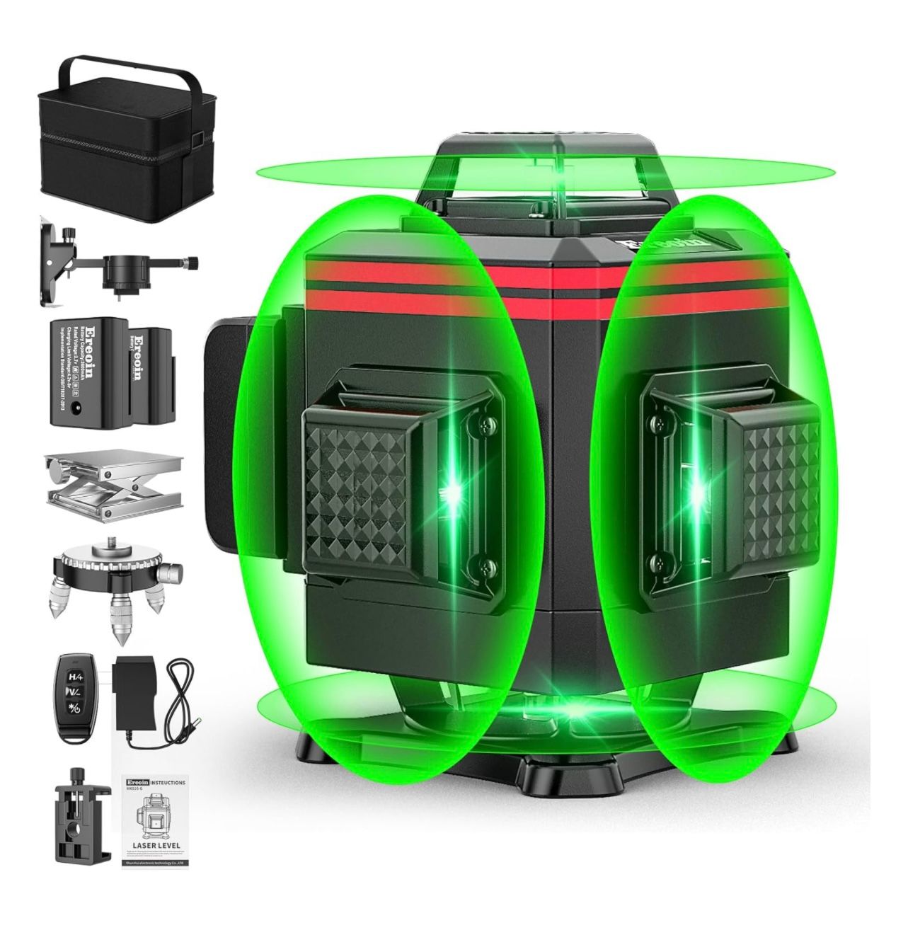 Nivel láser de 16 líneas, nivel láser verde autonivelante de 4 x 360°, línea cruzada verde 4D para construcción con 2 baterías recargables y kit de herramientas