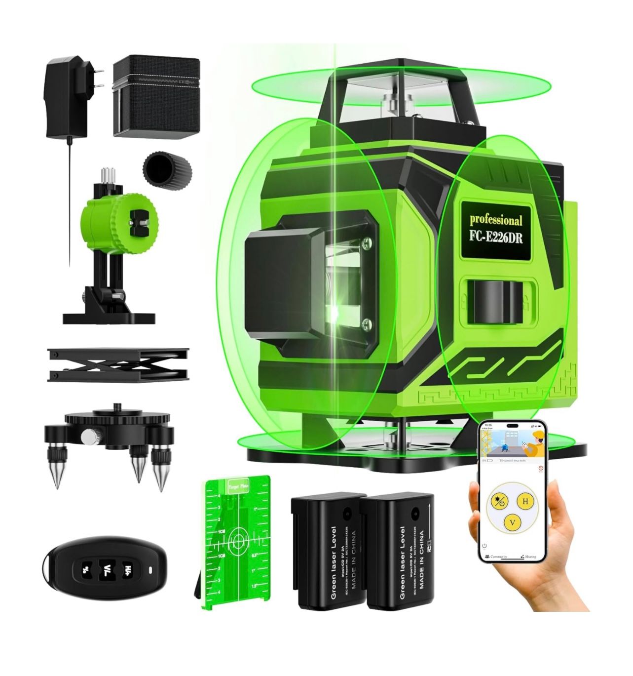 Nivel láser autonivelante de 360°, 200 pies, herramienta de línea láser de 4 x 360°, láser de línea cruzada, 16 líneas verticales/horizontales, láseres verdes, brillo ajustable, control remoto