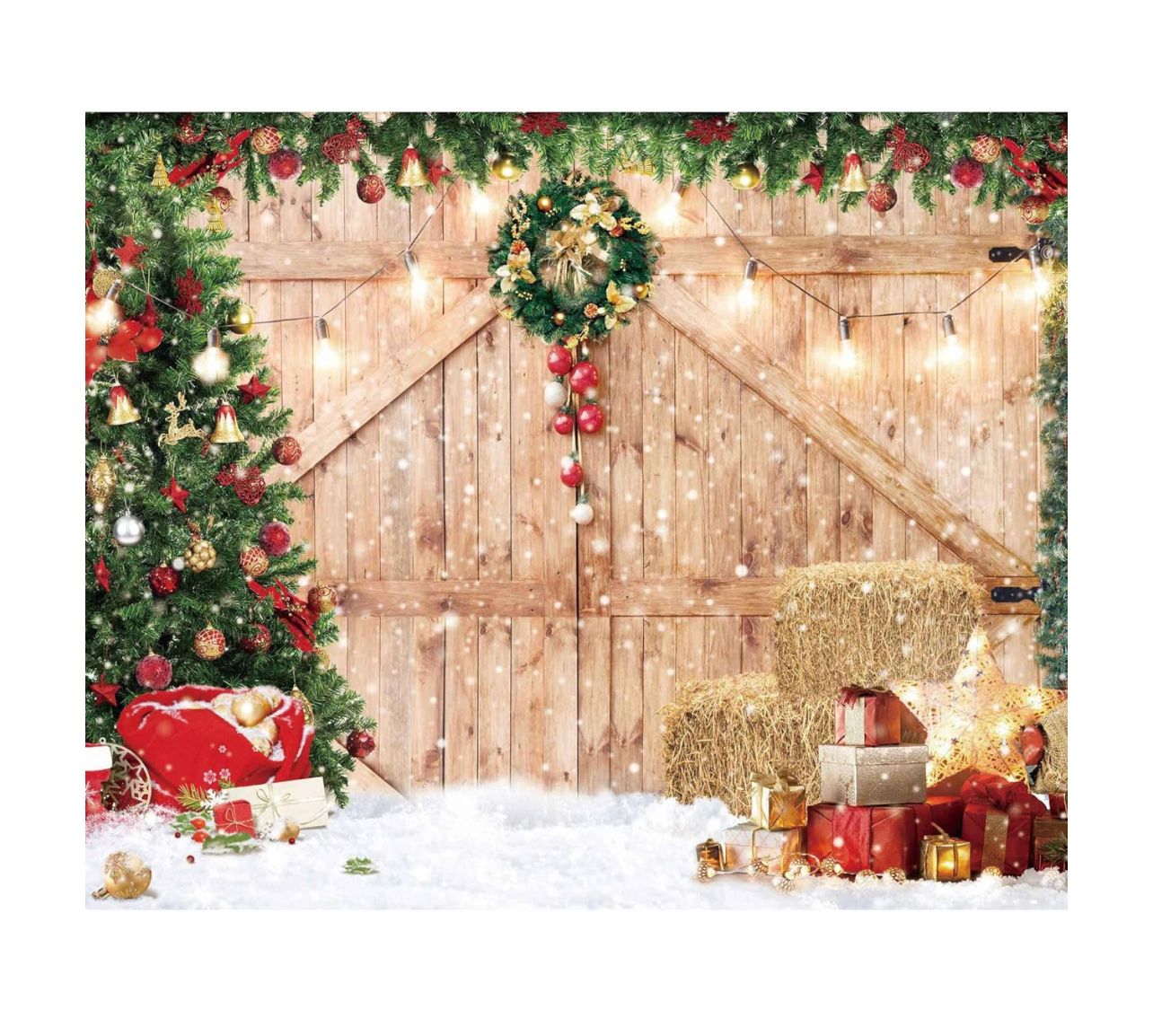 Fondo navideño de 10 x 8 pies, tela suave, rústico, puerta de madera de granero, telón de fondo para fotografía, árbol, nieve, pared, suelo