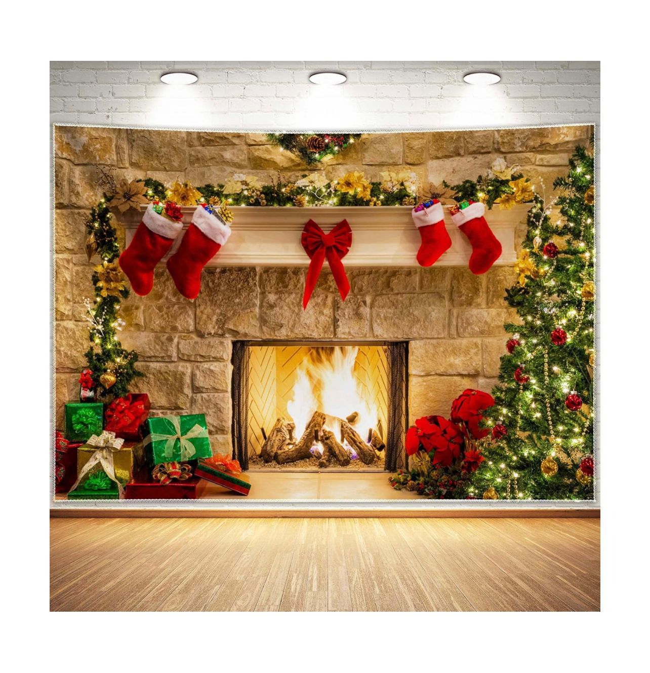 12x8ft Christmas Fireplace Theme Background for Photography Soft Wrinkle Free Fabric Tree Sock Decorations