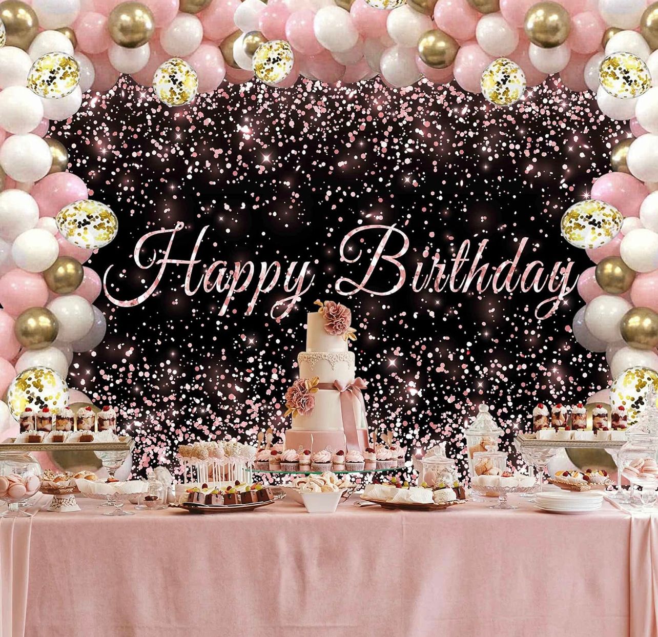 Fondo de fotografía de feliz cumpleaños de 10 x 8 pies con puntos dorados brillantes en rosa y negro