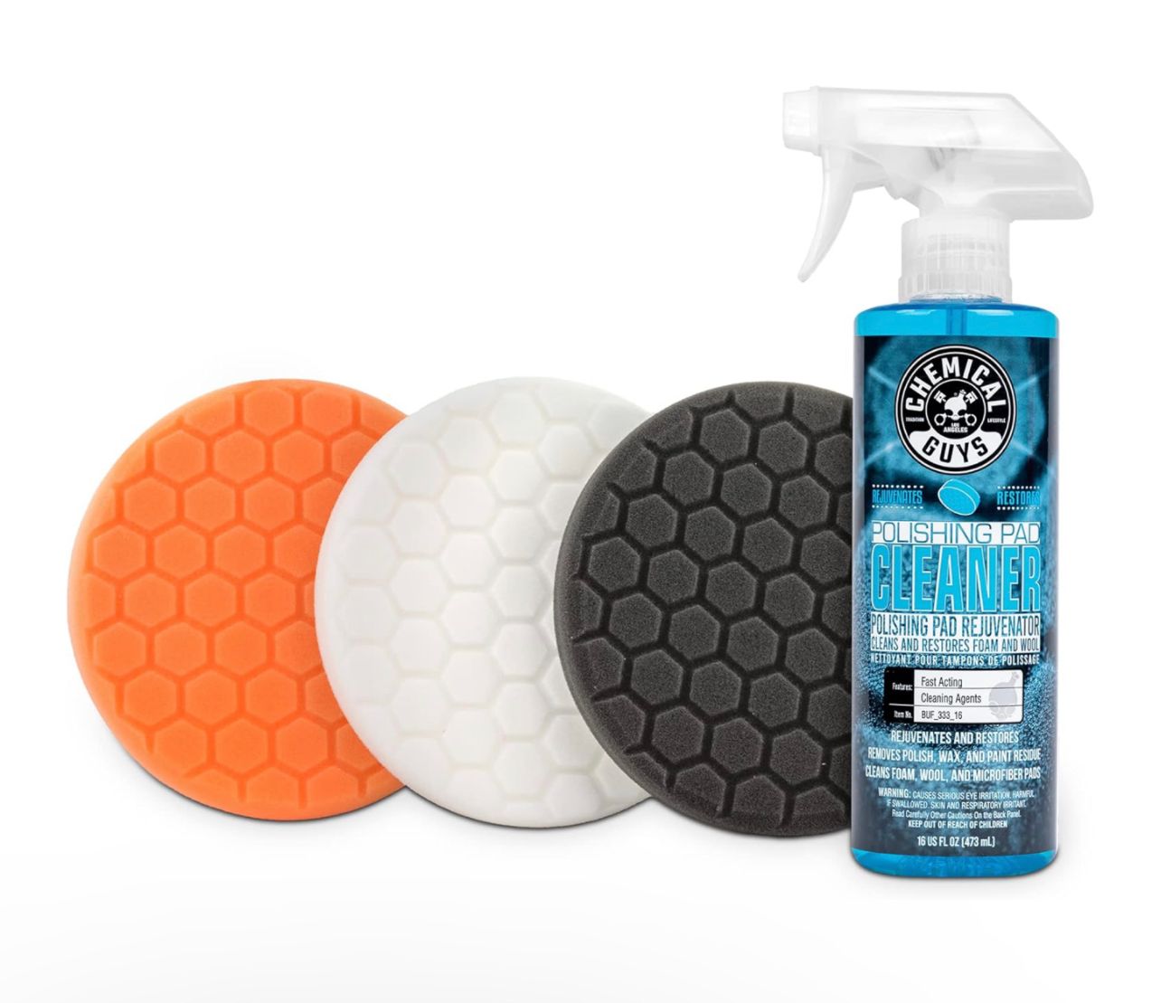 Kit de almohadillas para pulir de 5,5&quot; de Chemical Guys, 4 artículos, (1) limpiador de almohadillas para pulir de 16 oz + (3) almohadillas para pulir de 5,5&quot; que funcionan con placas de respaldo de 5&quot;
