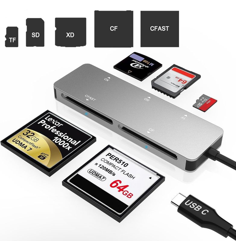 Lector de tarjetas CFast 2.0, adaptador combinado de ranura para tarjeta de memoria USB 3.0 USB C CF/SD/TF/XD de aluminio, lee 5 tarjetas simultáneamente