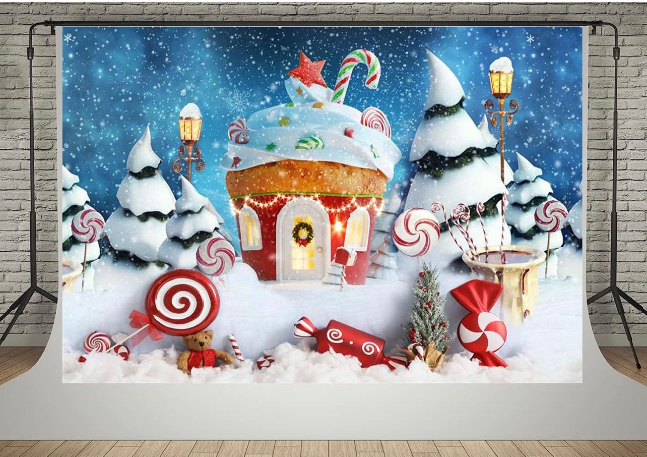 Kate 7x5ft Christmas Eve Lighting Gingerbread House Umbrella Candy Photo Backgrounds Winter Snow