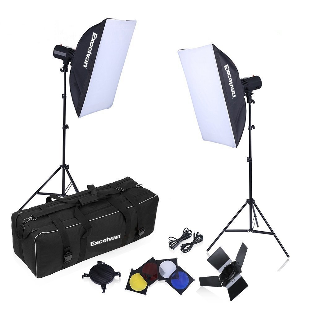 Excelvan 320W Strobe Studio Photography Photo Flash Light Kit with Strobes + Barn Doors + Light Stands + Triggers + Soft Box