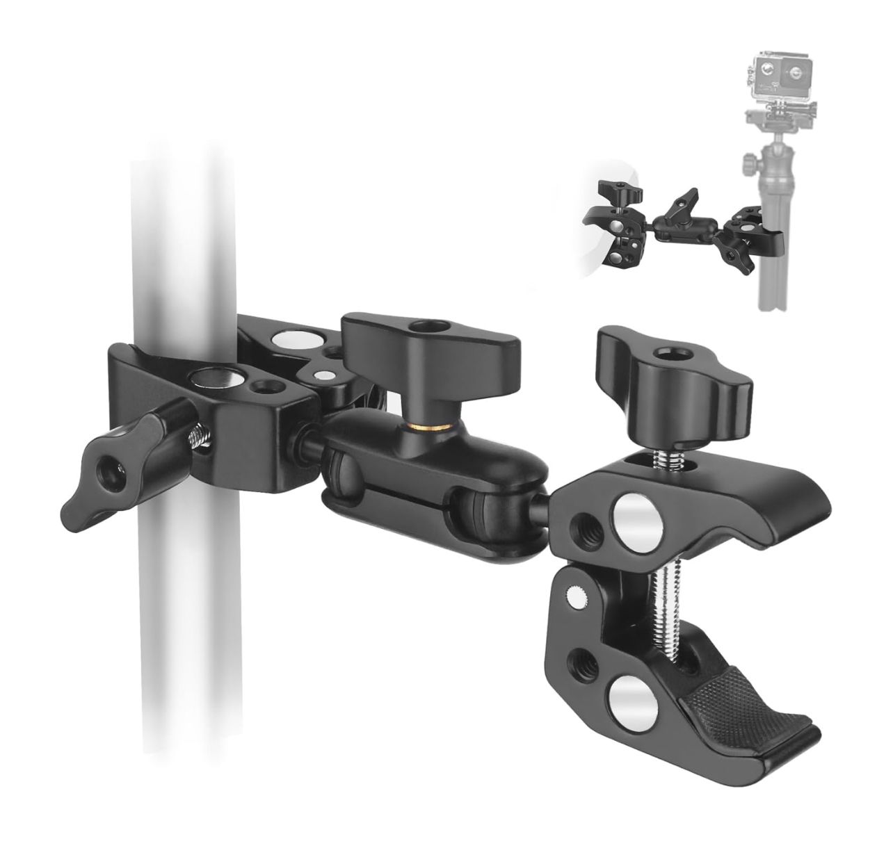 Soporte de montaje con doble abrazadera con brazo mágico con cabezal esférico de 360°, soporte para sombrilla, abrazaderas para postes