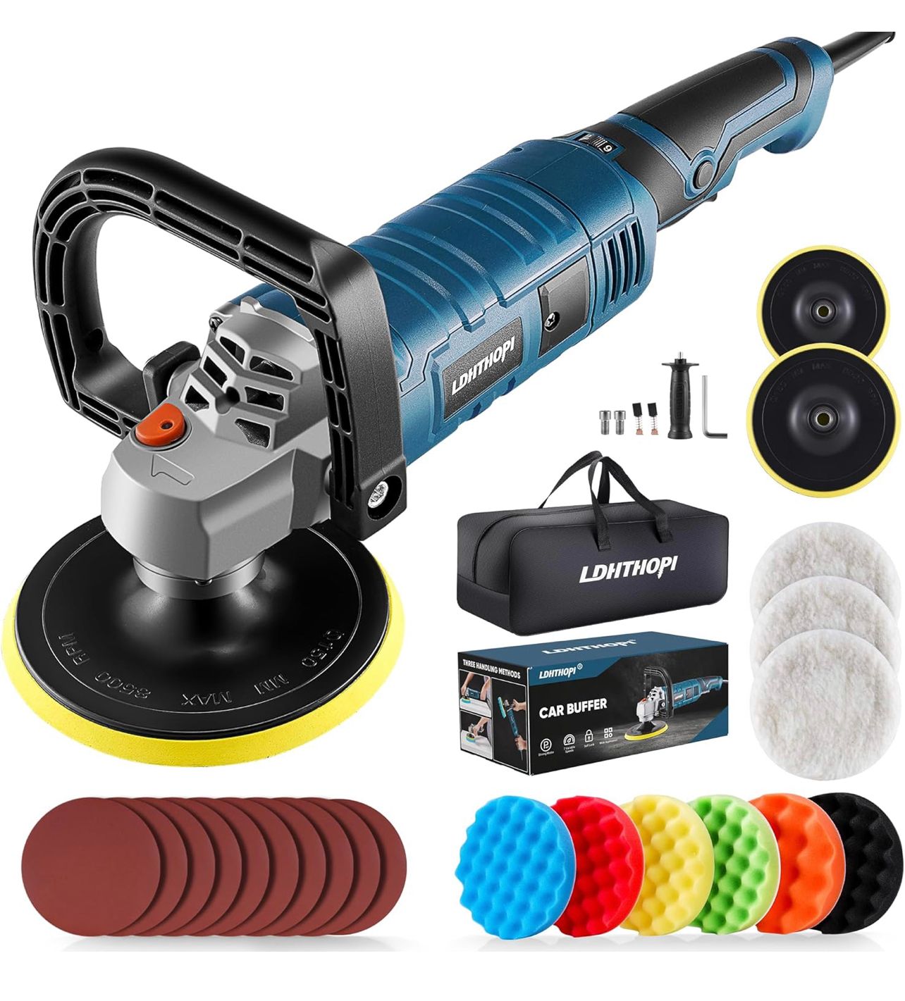 Pulidora de 7 pulgadas/6 pulgadas, pulidora rotativa de 1600 W, pulidora enceradora, 7 velocidades variables de 1000 a 3500 RPM, mango desmontable