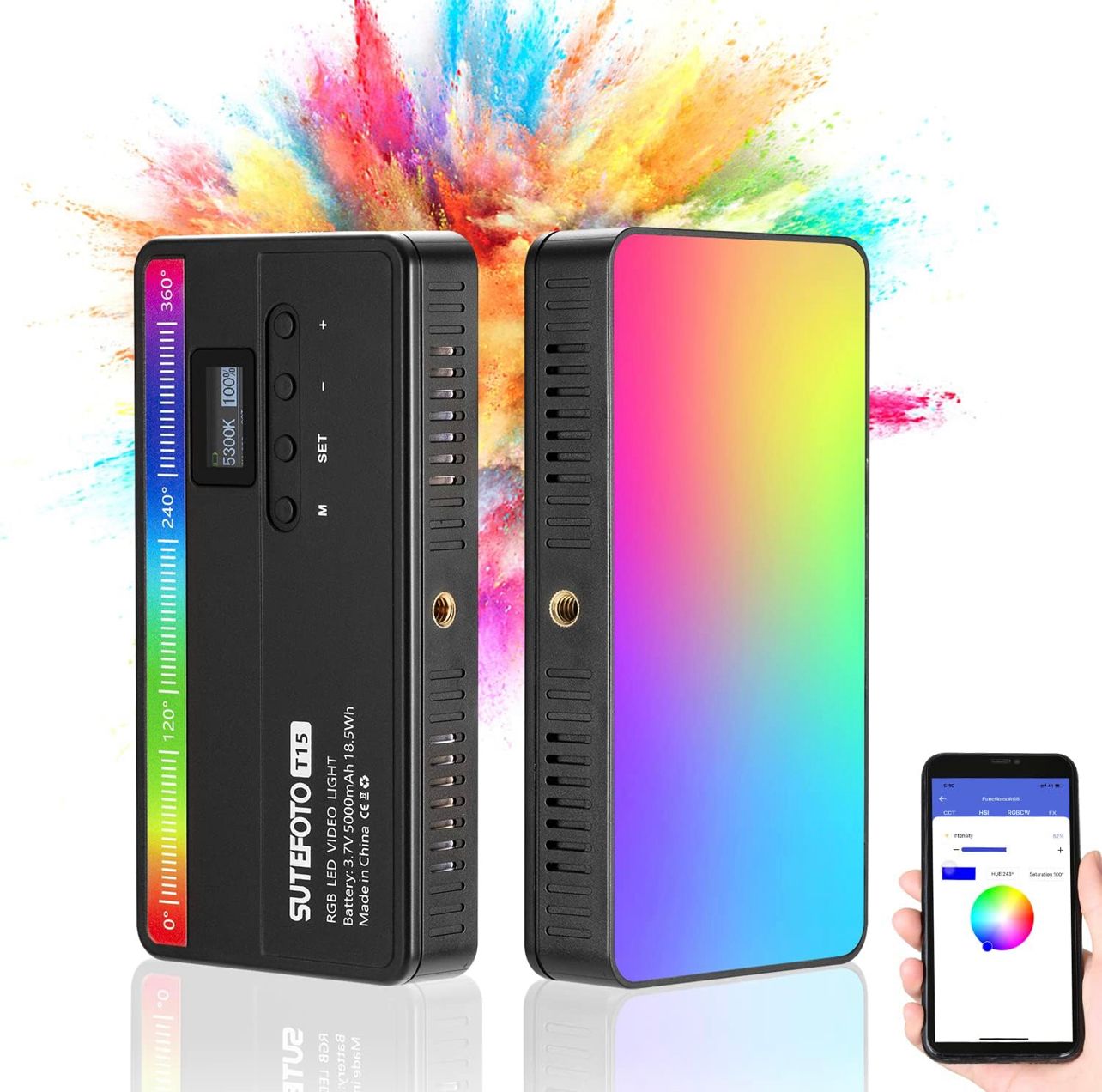 Luz de video RGB, luz LED portátil para cámara, panel de luz LED para cámara de 360° a todo color regulable de 2800 K a 10 000 K, CRI 96+, LED recargable de 5000 mAh