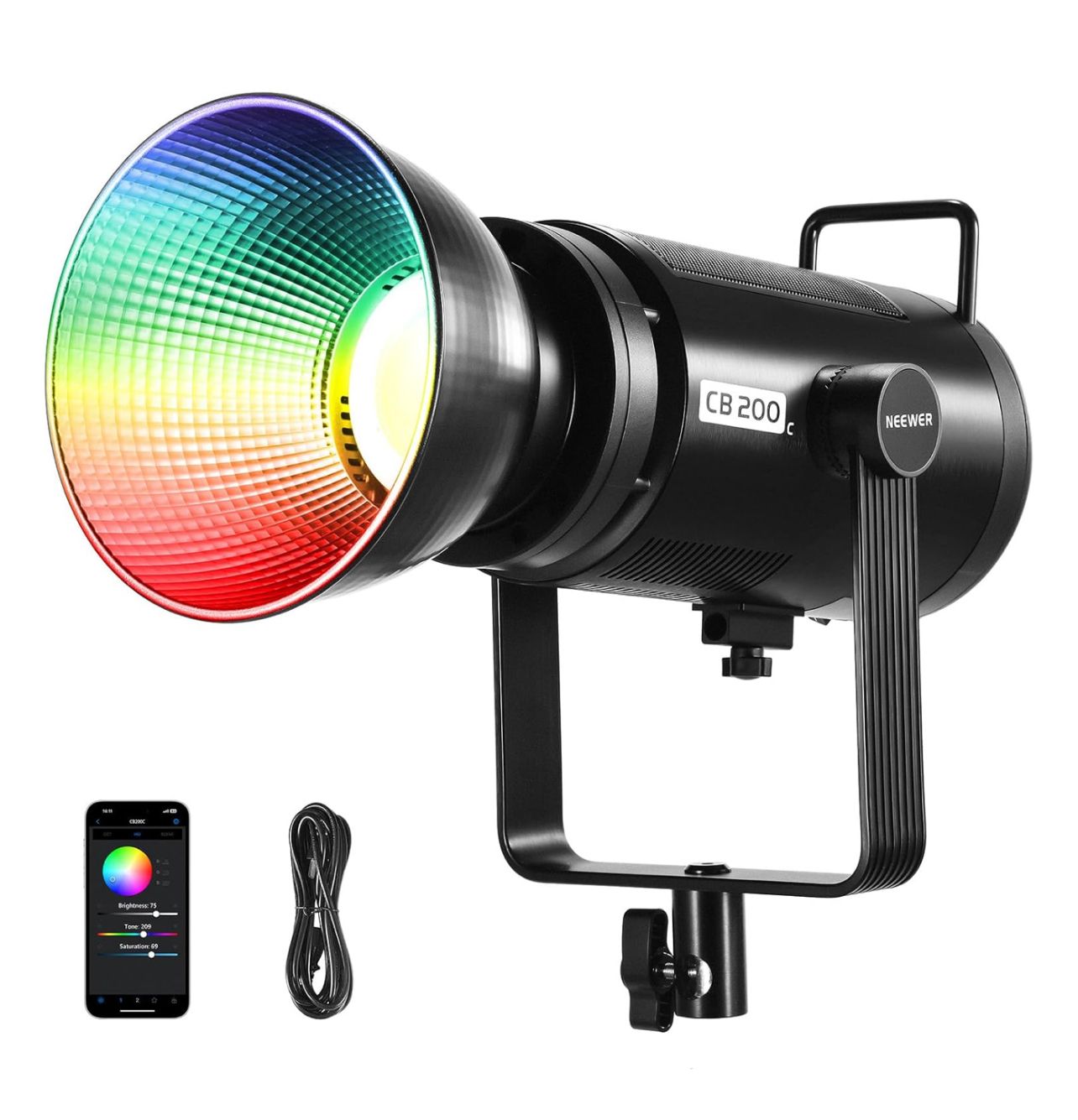 NEEWER CB200C 200W RGBWW COB LED Video Light, APP/2.4G 360° Color 2500K-7500K (Duv±0.0003) 23000lux/m Bowens Metal Shell Silent Continuous Output Lighting TLCI/CRI97+