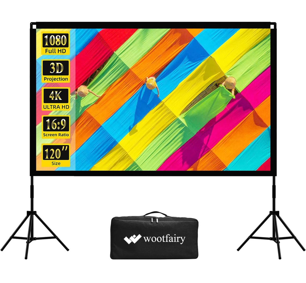 Pantalla de proyector con soporte, Wootfairy Pantalla de proyección portátil y plegable para interiores y exteriores de 120 pulgadas 16:9