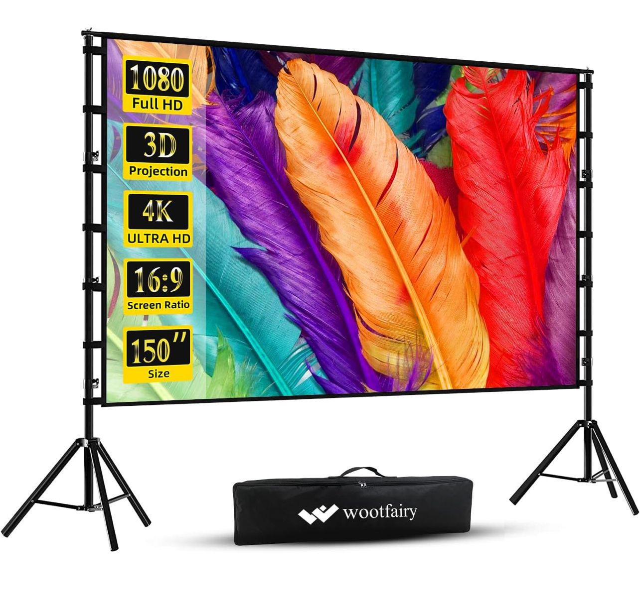 Pantalla de proyector con soporte, Wootfairy Pantalla de proyección portátil y plegable de 150 pulgadas 4K HD 16:9 Pantalla de cine sin arrugas delantera y trasera