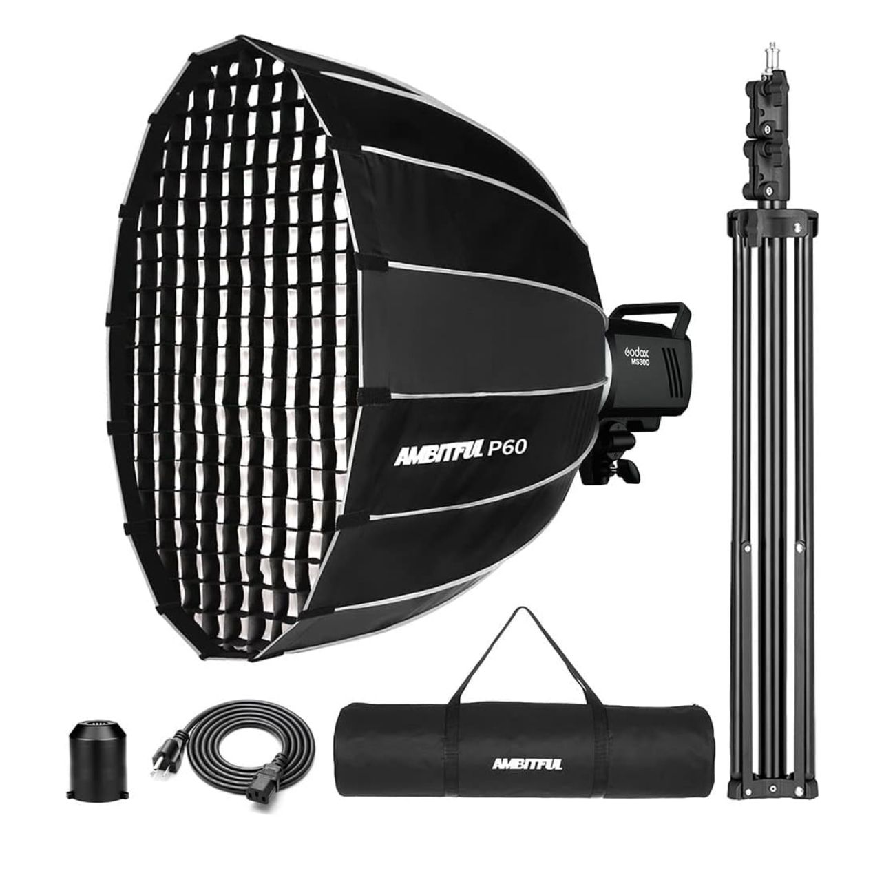 Kit de fotografía con luz estroboscópica Godox MS300, flash estroboscópico de 300 W, sistema X inalámbrico Godox 2.4G integrado, tiempo de reciclado de 0,1 a 1,8 s, montura Bowens con softbox de insta