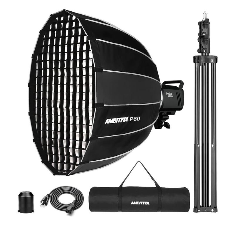 Kit de fotografía con luz estroboscópica Godox MS300, flash estroboscópico de 300 W, sistema X inalámbrico Godox 2.4G integrado, tiempo de reciclado de 0,1 a 1,8 s, montura Bowens con softbox de insta