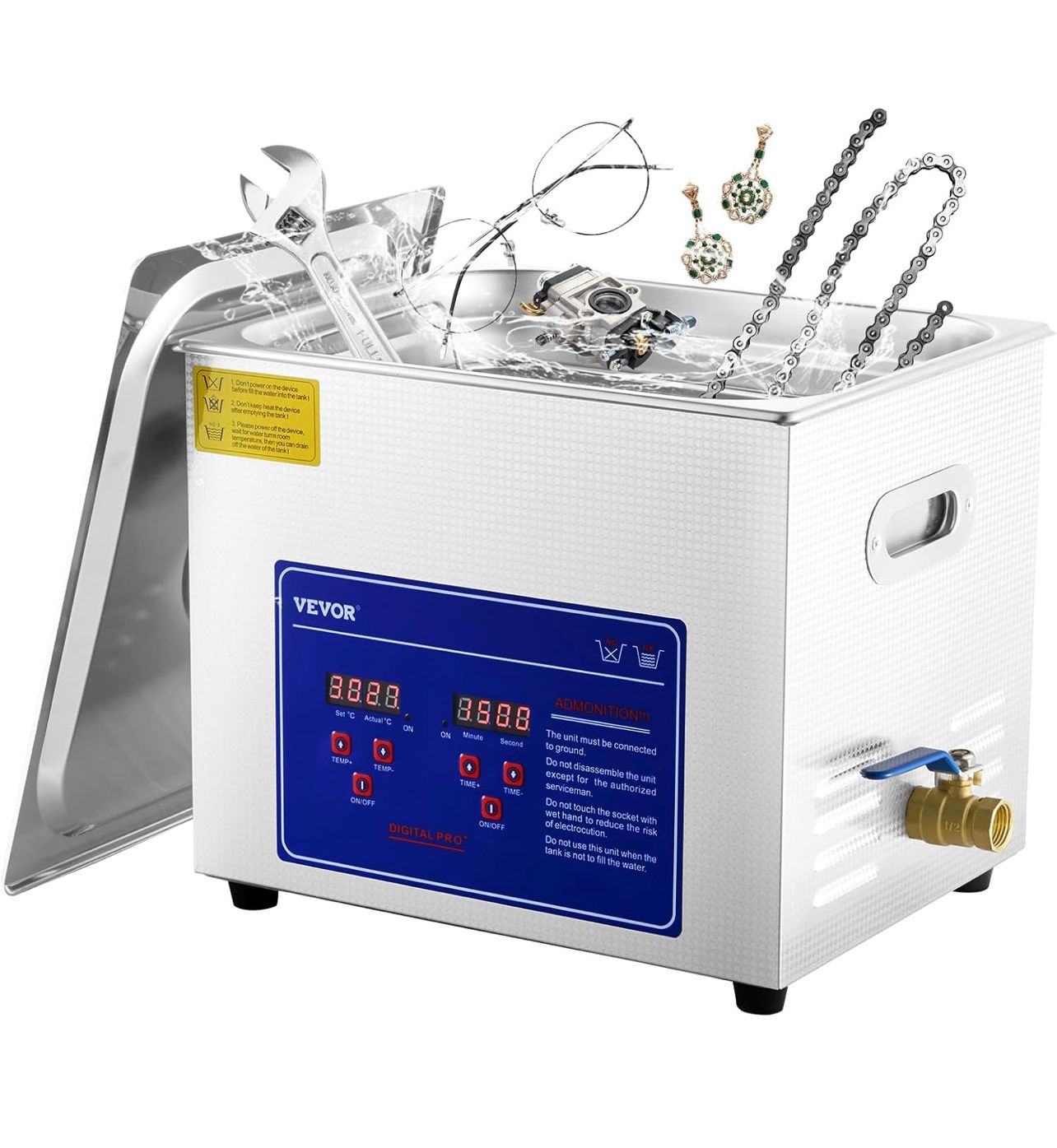 Limpiador sónico profesional de 10 l, máquina industrial de acero inoxidable con temporizador digital y calentador, ideal para joyas, dentaduras postizas, instrumentos y piezas industriales