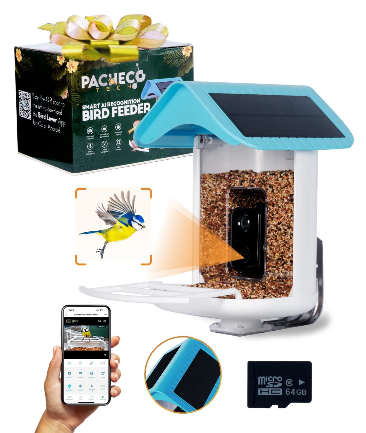Cámara inteligente con doble panel solar para comedero de pájaros con inteligencia artificial, nueva nunca usada, caja abierta