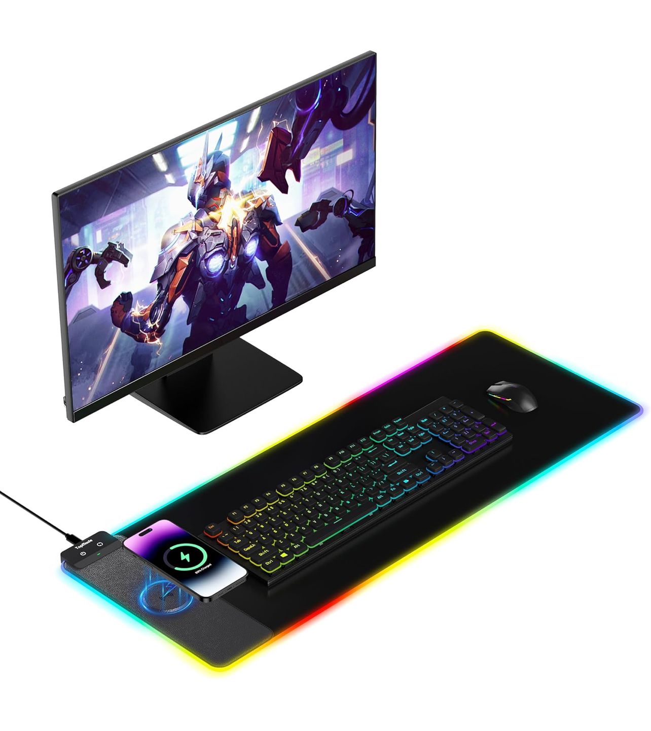 Alfombrilla de ratón TopMade con carga inalámbrica, alfombrilla de ratón RGB grande para juegos, alfombrilla de escritorio con 13 colores de luz LED, 31,5&quot; x 11,81&quot;