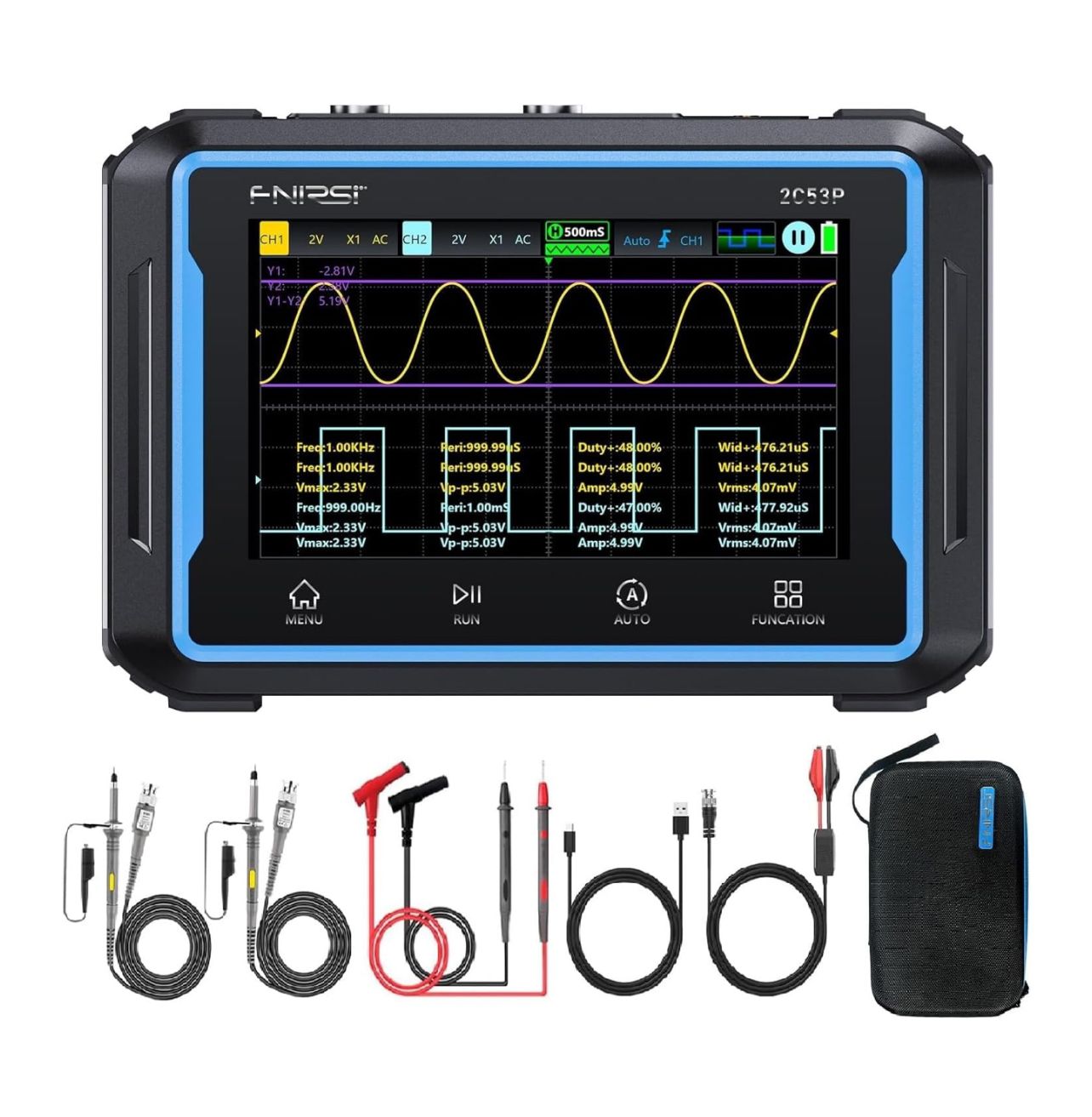 Osciloscopio/multímetro/generador de señales DDS 3 en 1 con pantalla táctil, portátil, digital, para automoción, 2 canales, ancho de banda de 50 MHz, recuentos de 250 ms/s