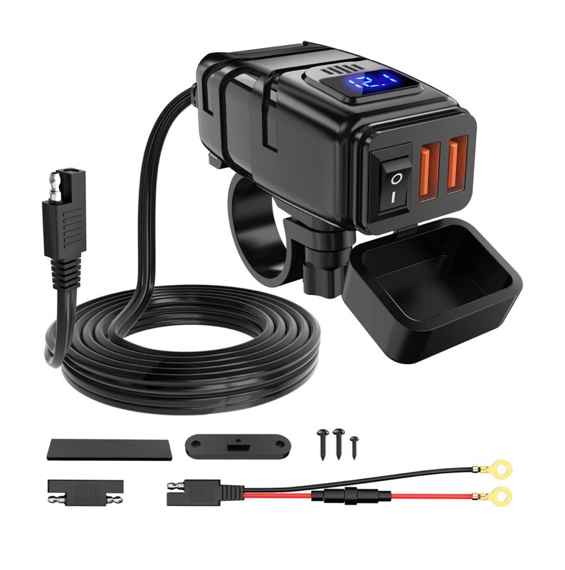Cargador de motocicleta con voltímetro de 12 V, interruptor de encendido y apagado independiente, adaptador USB SAE, fusible en línea de 10 A, resistente al agua, carga rápida dual QC3.0 de 6,8 A, tab