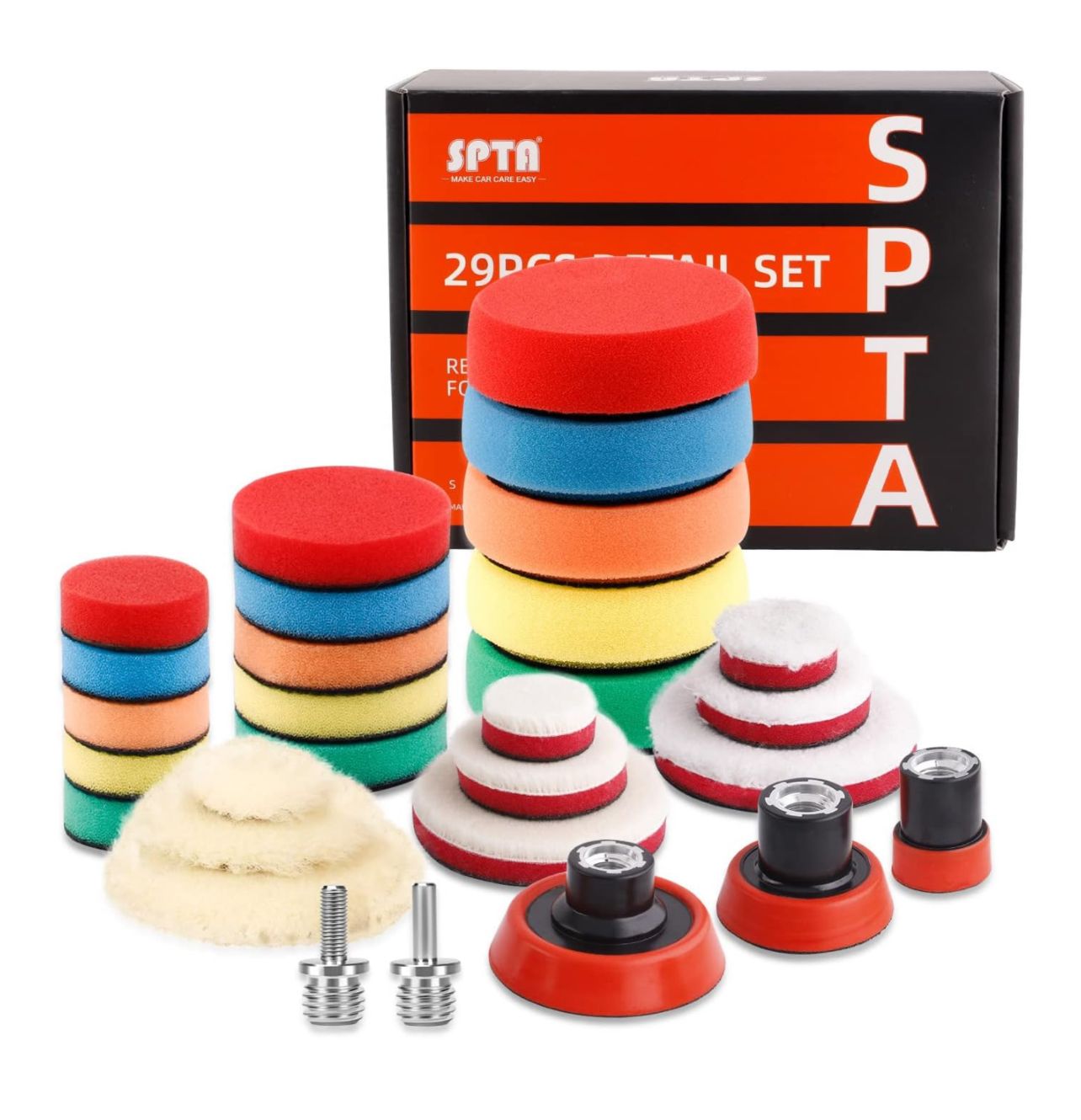 SPTA - Juego de 29 almohadillas para pulir y pulir detalles con almohadilla de respaldo de rosca de 5/8-11 y adaptadores para lijar, pulir, encerar y sellar el esmalte de automóviles