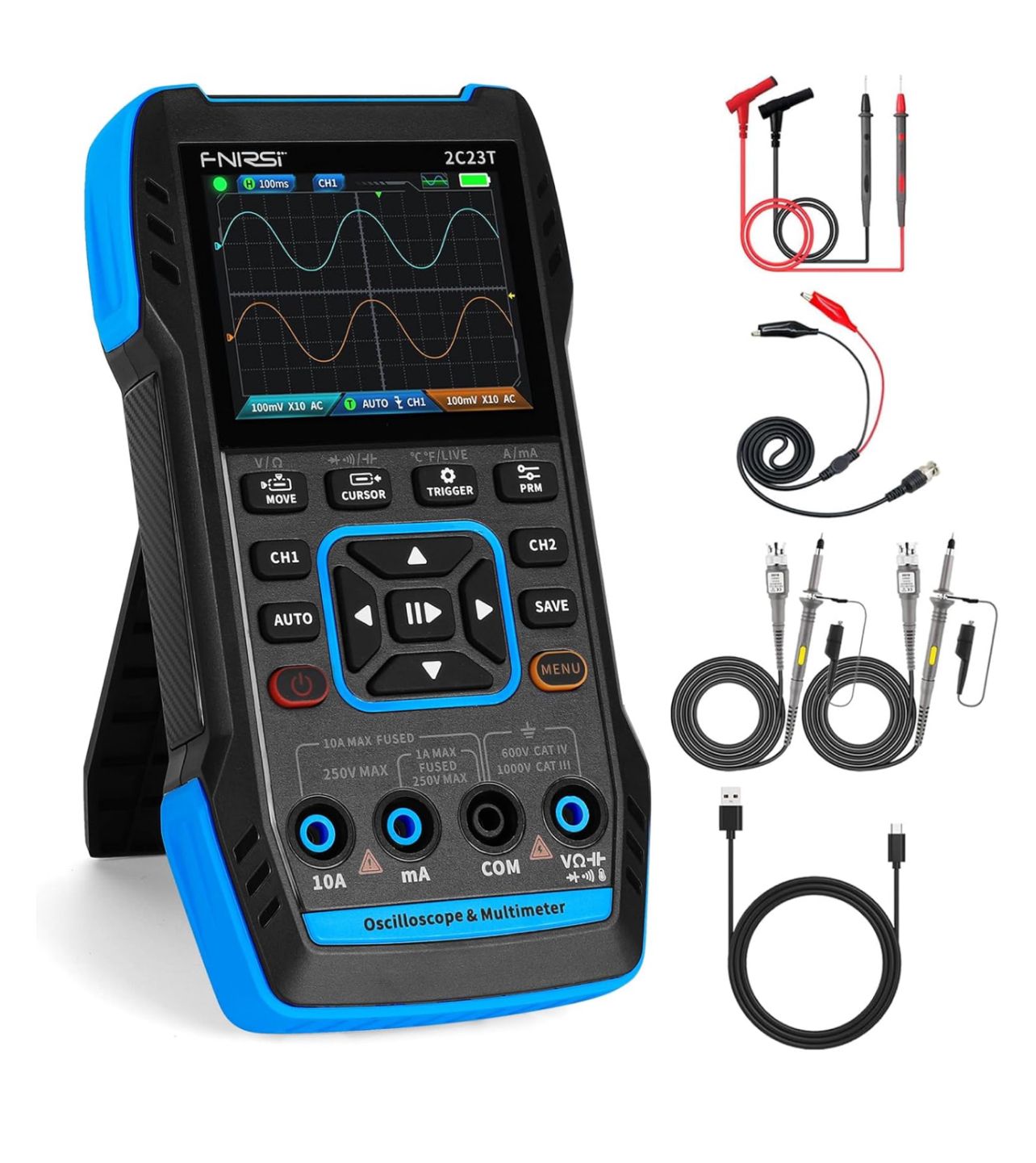 Osciloscopio de mano 3 en 1 Multímetro Generador DDS (Versión mejorada), Canales duales Ancho de banda de 10 MHz Frecuencia de muestreo de 50 MSa/s, Osciloscopio recargable y portátil con kit generado