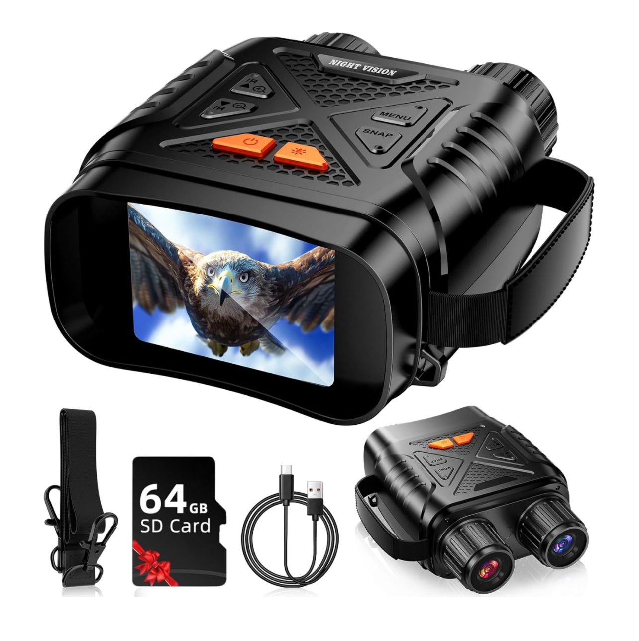Gafas de Visión Nocturna, Binoculares de Visión Nocturna para Adultos, Binoculares Térmicos con Pantalla HD y Tarjeta TF de 64 GB para Fotos y Videos