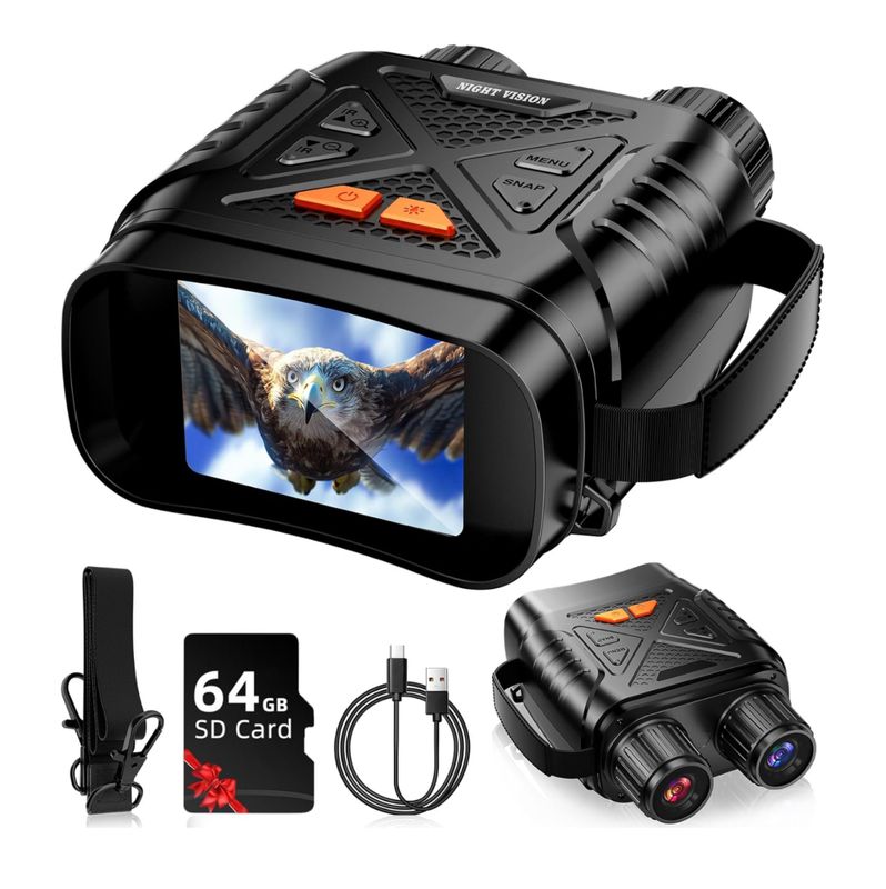 Gafas de Visión Nocturna, Binoculares de Visión Nocturna para Adultos, Binoculares Térmicos con Pantalla HD y Tarjeta TF de 64 GB para Fotos y Videos