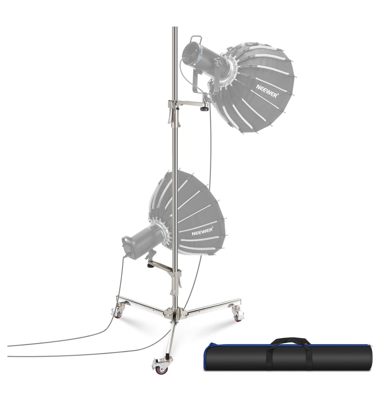 NEEWER Trípode de iluminación de acero inoxidable de 198 cm, resistente, con ruedas, 2 brazos deslizantes con empuñadura de pistola, carga máxima de 16 kg