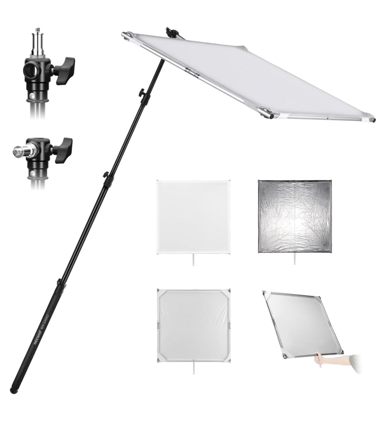 Kit de Panel Difusor de Luz NEEWER con Película Reflectora Plateada/Blanca de 76,2 x 76,2 cm, Mango Baby Pin de 1,6 cm, Pértiga Telescópica y Difusor 3 en 1